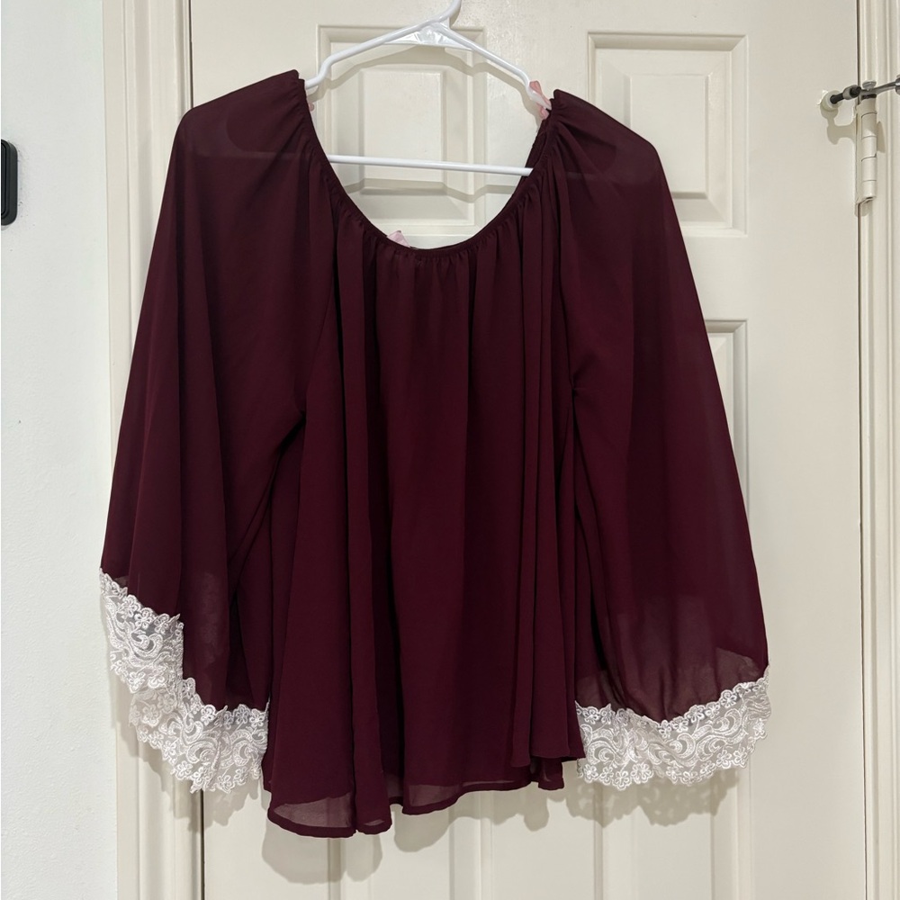 2 Hearts Chic Burgundy Blouse with Lace Accents